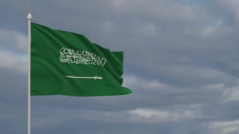 The flag of Saudi Arabia is flying on a flagpole Stock Footage 309630974
