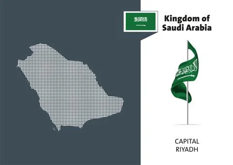 Flag of Saudi Arabia on white background. Dotted map of Saudi Arabia Stockillustratie