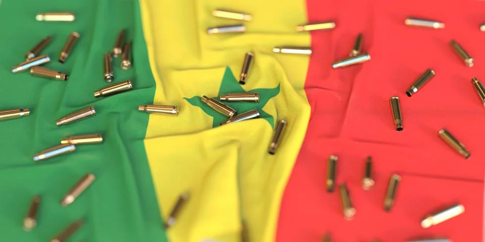 Flag of Senegal and bullet shells. Crime or war related 3D rendering Stock Illustration