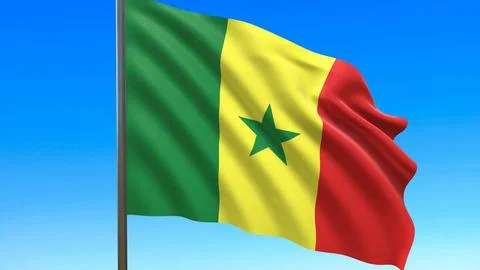 The flag of senegal fluttering in the wind against a blue sky background 3d-r 스톡 일러스트