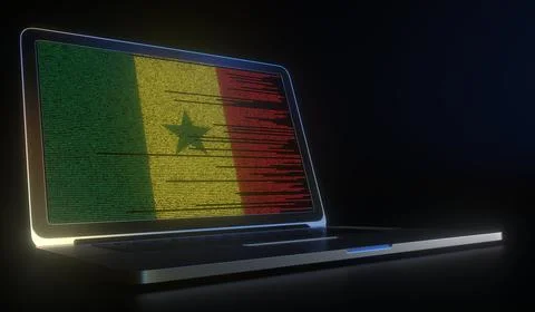 Flag of Senegal made with computer code on the laptop screen. Hacking or Stock Illustration