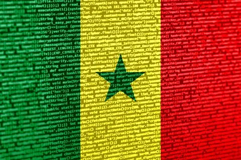 Flag of Senegal over digital code. Concept of cybersecurity, innovation, an.. Illustration