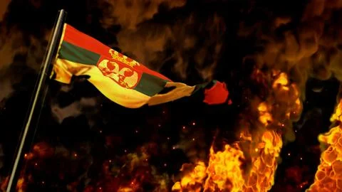 Flag of Serbia on burning fire backdrop - hard times concept Stock Illustration