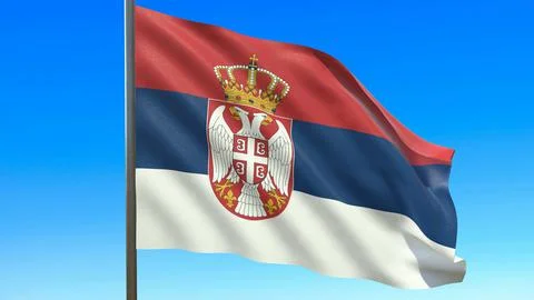 Flag of serbia waving in the wind on flagpole against the sky 3d-rendering Stockillustratie