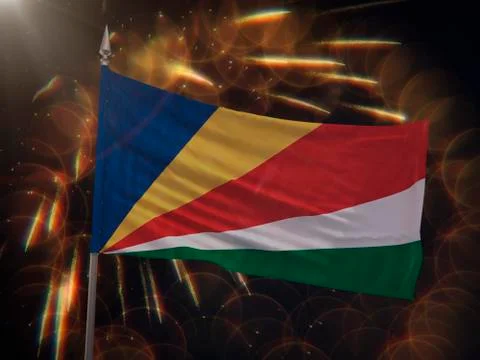 Flag of Seychelles with fireworks display in the background Stock Illustration