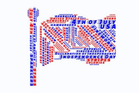 Flag shaped word cloud about July 4 in the United States Stock Illustration