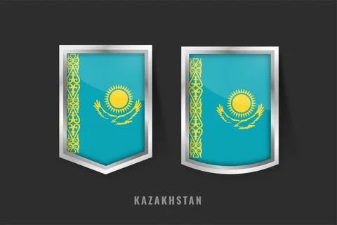 Flag Shield Badges. Vector Glossy Metal Frame Labels for Republic of Kazakh.. Stockillustratie