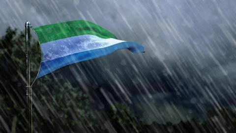 Flag of Sierra Leone with rain and dark clouds, hurricane forecast symbol Stock Illustration