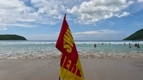 Flag with sign swim here at the beach Stock Footage 220323724