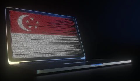 Flag of Singapore made with computer code on the laptop screen. Hacking or 库存插图