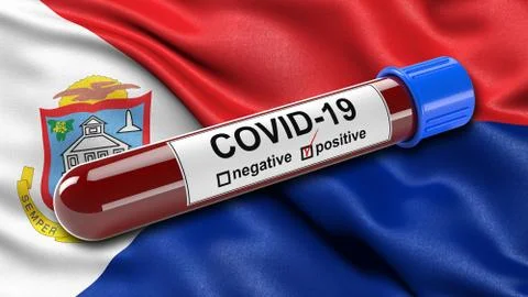 Flag of Sint Maarten waving in the wind with a positive Covid-19 blood test t Stock Illustration