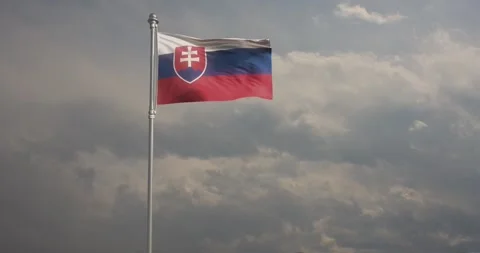 Flag of Slovakia billows energetically in the wind against a steely grey sky Stock Footage 240956208