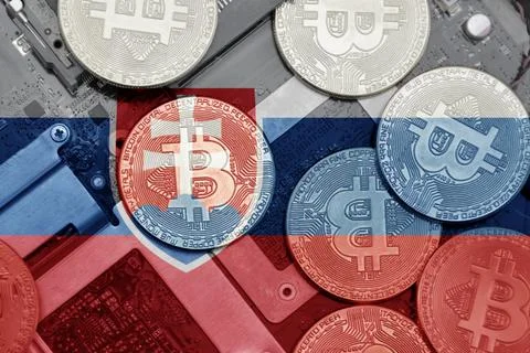 Flag of slovakia on the bitcoins with computer electronic circuit board bac.. Stock-Fotos