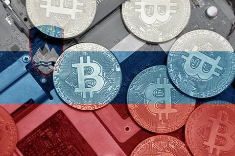 Flag of slovenia on the bitcoins with computer electronic circuit board bac.. Stock-Fotos