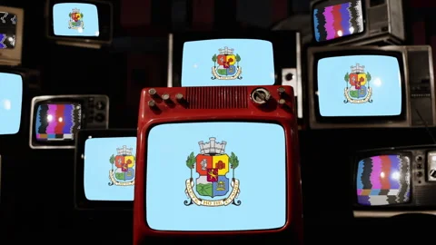 Flag of Sofia, Bulgaria, on Stacked Retro TVs in 4K Stock Footage 296004569