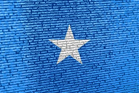 Flag of Somalia over digital code. Concept of cybersecurity, innovation, an.. Illustration