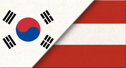 Flag of South Korea and Austria on fabric texture - 3D illustration. Stock Illustration