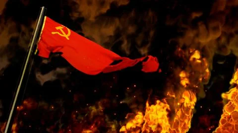 Flag of Soviet Union (USSR, SSSR) on burning fire background Stock Illustration