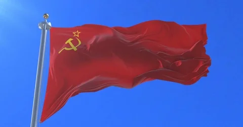 Flag of the Soviet Union waving at wind with blue sky, loop Video stock 83412651