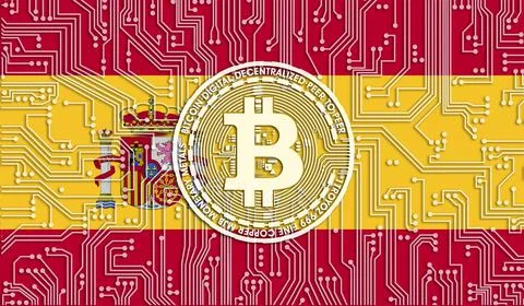Flag of Spain and bitcoin, Integrated Circuit Board pattern. Bitcoin Stock Gr Illustrazione stock
