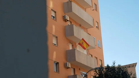 Flag of Spain on the balcony Stock Footage 87199674