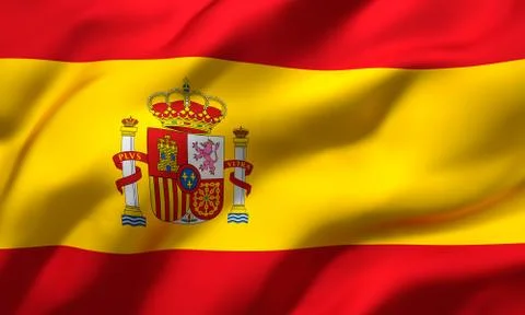 Flag of Spain blowing in the wind. Full page Spanish flying flag. 3D illustra Stock Illustration