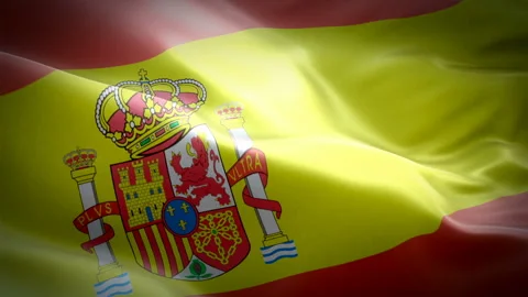Flag of Spain flag video waving in wind. Realistic Spanish Flag background Video stock 104864758