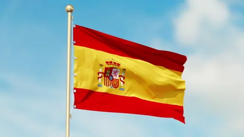 Flag of Spain, looped and seamless. Fabric texture, realistic wind, bottom view Stock Footage 257616752