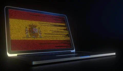 Flag of Spain made with computer code on the laptop screen. Hacking or 库存插图
