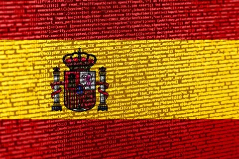 Flag of Spain over digital code. Concept of cybersecurity, innovation, and .. Illustration