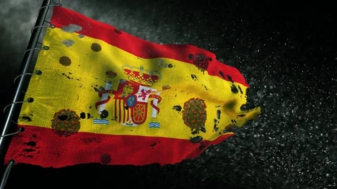 The flag of Spain is torn and marked with the virus of covid-19 . 스톡 동영상 127199718