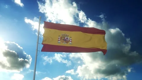 Flag of Spain waving at wind against beautiful blue sky Stock Footage 165409784