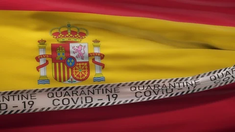 Flag of Spain waving on wind with Covid-19 quarantine tape Stock Footage 127754690