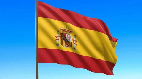 Flag of Spain waving in the wind on flagpole against the sky 3d-rendering Illustrazione stock