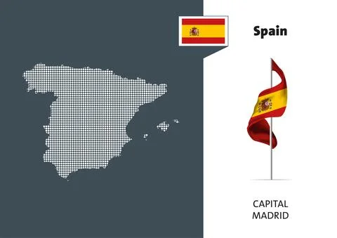 Flag of Spain on white background. Dotted map of Spain Stock Illustration