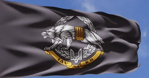 Flag of Special Operations Forces of Ukraine waving in the sky Stock Footage 173120080