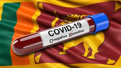 Flag of Sri Lanka waving in the wind with a positive Covid-19 blood test tube イラスト素材