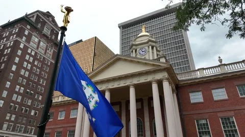 Flag of state of Connecticut. Old State House building. Hartford CT is Stock Footage 218370739