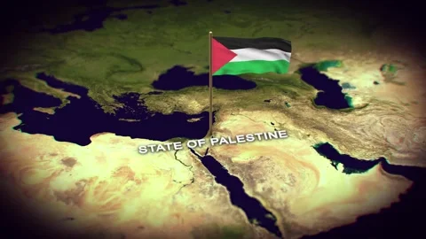 The Flag of State of Palestine on the World Map, Palestine flag 3d animation Stock Footage 306599480