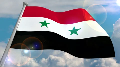 The flag of the state of Syria is developing in the wind against a blue sky Stock Footage 134574502