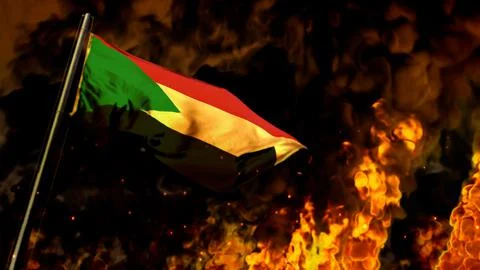 Flag of Sudan on burning fire bg - hard times concept - abstract 3D rendering Stock Illustration