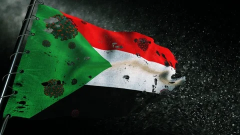 The flag of Sudan is torn and marked with the virus of covid-19 . Видео 127199784