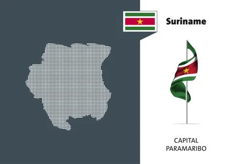 Flag of Suriname on white background. Dotted map of Suriname Stock-Illustration