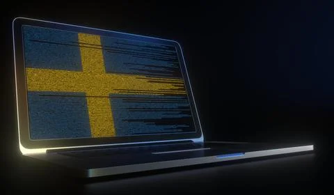 Flag of Sweden made with computer code on the laptop screen. Hacking or 스톡 일러스트
