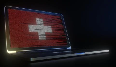 Flag of Switzerland made with computer code on the laptop screen. Hacking or Stock Illustration