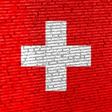 Flag of Switzerland over digital code. Concept of cybersecurity, innovation.. Stock Photos