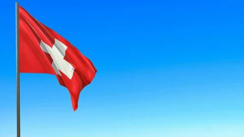 Flag of Switzerland waving in the wind on flagpole against the sky 3d-renderi イラスト素材