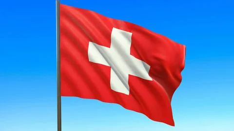 Flag of Switzerland waving in the wind on flagpole against the sky 3d-renderi イラスト素材