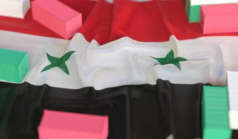 Flag of Syria and small cargo containers, export or import related 3D rendering Stock Illustration