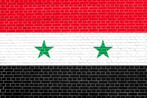 Flag of Syria on brick wall texture background. Syrian national flag. Stock Illustration